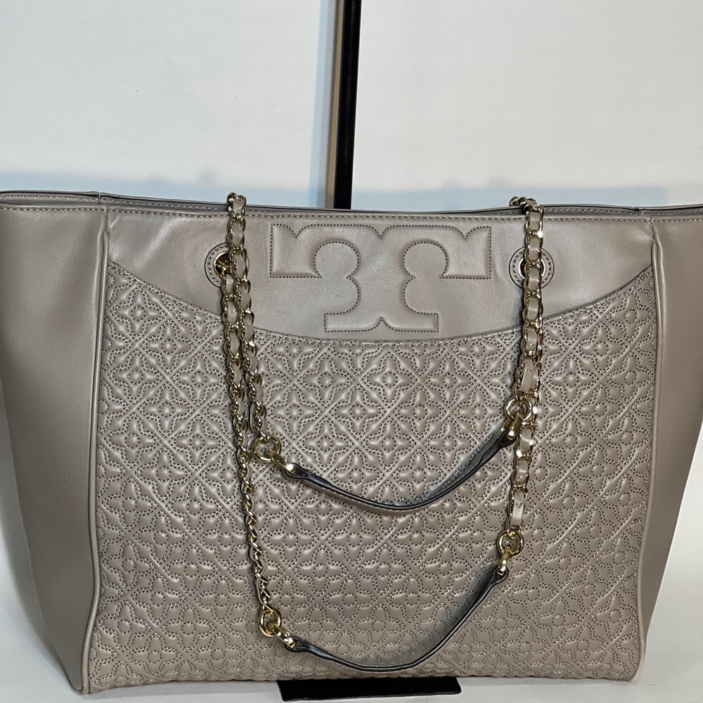 Tory Burch Gray Quilted Leather Tote